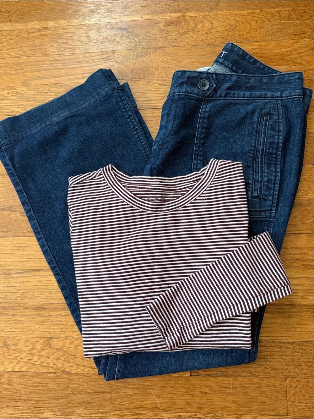 Loft dark maroon/white striped long sleeve tee. Size M. - Picture 3 of 10